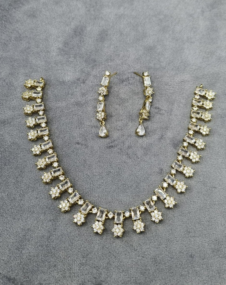 Floral Cluster Necklace Set – Elegant American Diamond